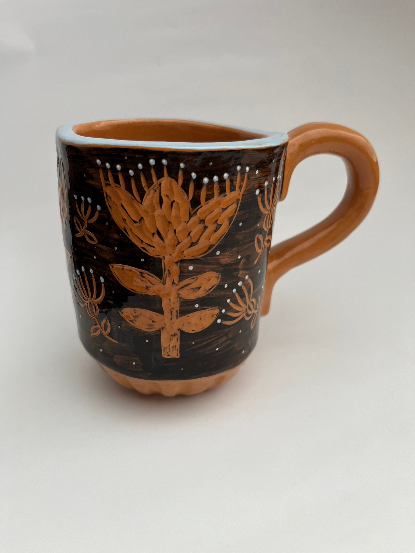 SECONDS SALE: Solid black handmade ceramic mug with sgraffito flowers / Black Terracotta mug / For Him Gift