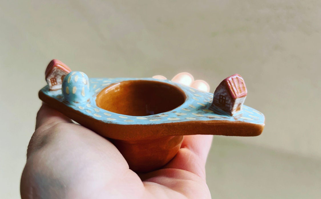 MADE TO ORDER Ceramic Tea Strainer With Tiny Houses / Whimsical Tea Strainer With Cute Tiny Houses / Handmade Ceramic Tea Strainer