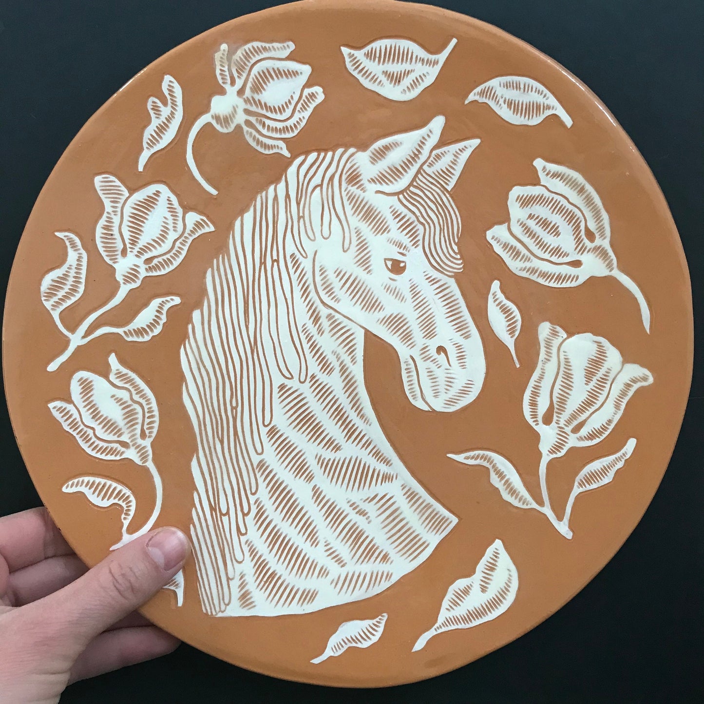 White Horse Terracotta Plate / Ceramic Handpainted Platter With Horse and Flowers / Handmade and Handpainted Serving Plate/ Horse lover gift