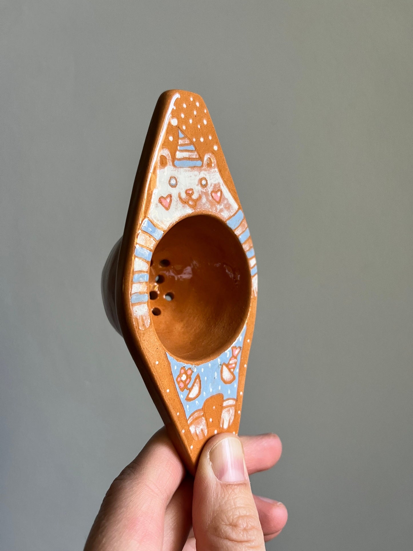 Whimsical Handpainted Ceramic Tea Drainer With White Bear / Unique Tea Accessory With Cute Bear Image / Handmade Gift For Tea Lover
