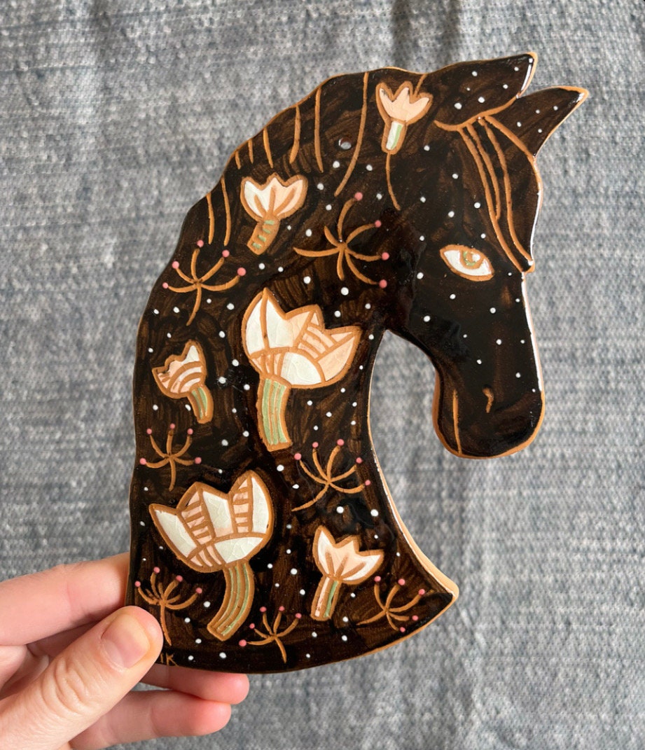 Fairytale Black Horse Wall Art, Handpainted Dream Horse Wall Decor, Sgraffito Horse, Unique Living Room Art, Original Artisan Gift
