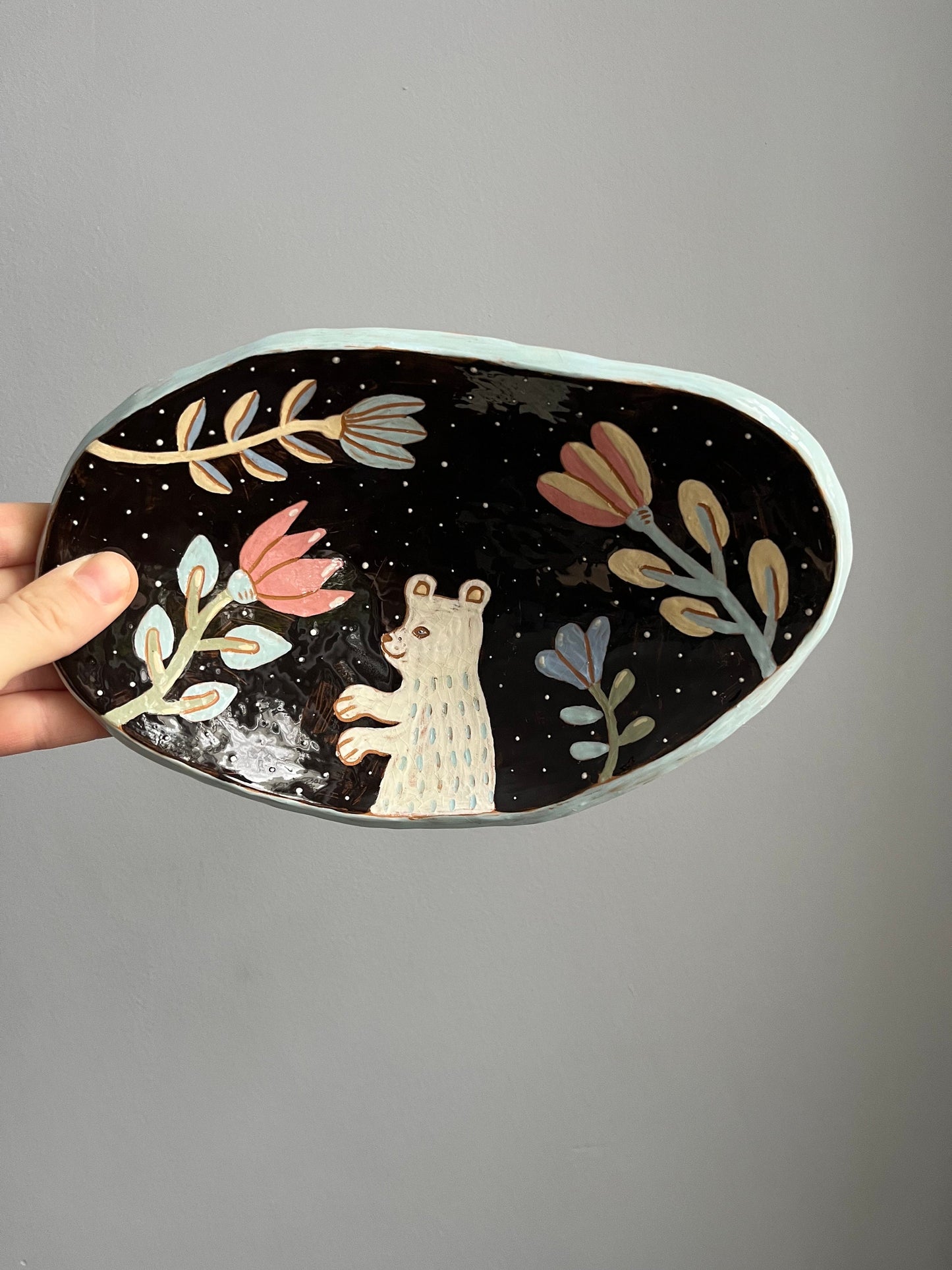 Footed Cheese Plate With Florals and Bear Sgraffito / Illustrated Ceramics Black Footed Plate With White Bear / Artisan Ceramic Wedding Gift