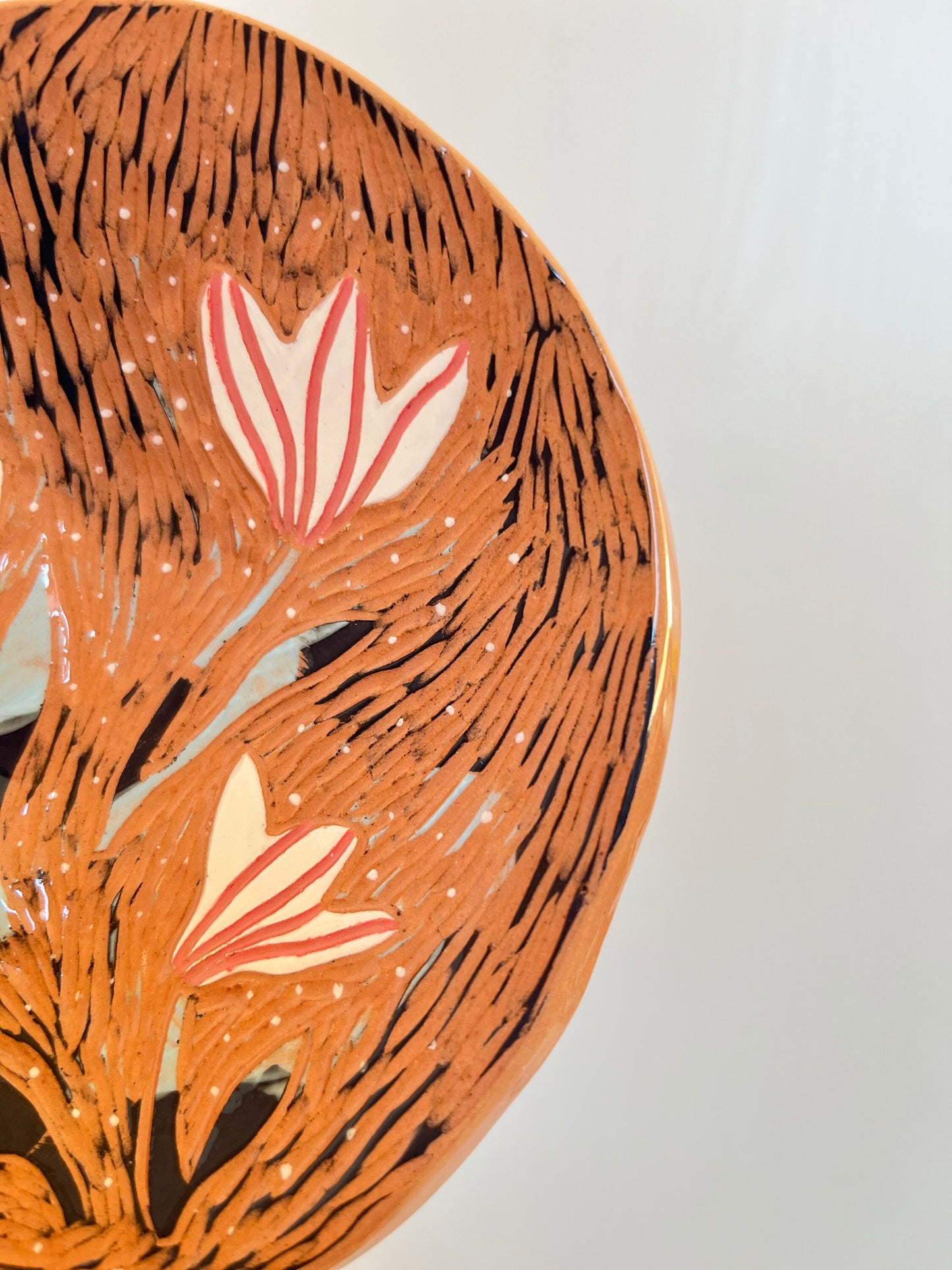 Terracotta Plate With Flowers / Sgraffito Platter With Folkstyle Florals / Folk-Style Small Serving Plate/ Unique Handmade OOAK Footed Plate