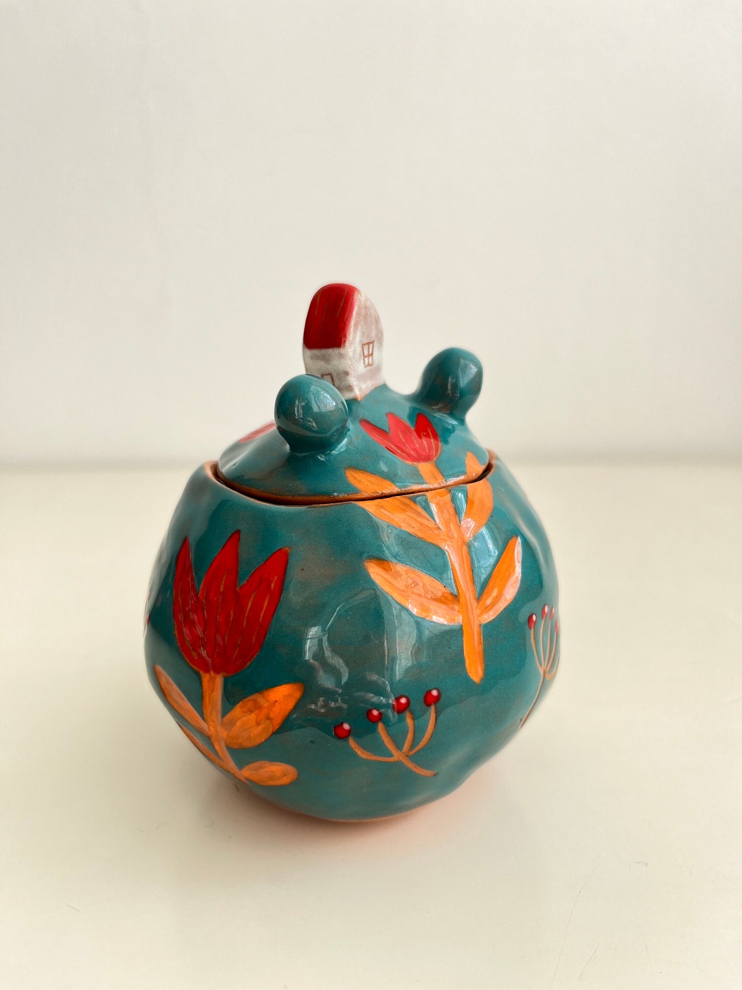Deep Turquoise Ceramic Keepsake Box For Mom With Red Flowers, a Tiny House and Two Trees; Jewelry Storage; Sgraffito Pottery Lidded Jar