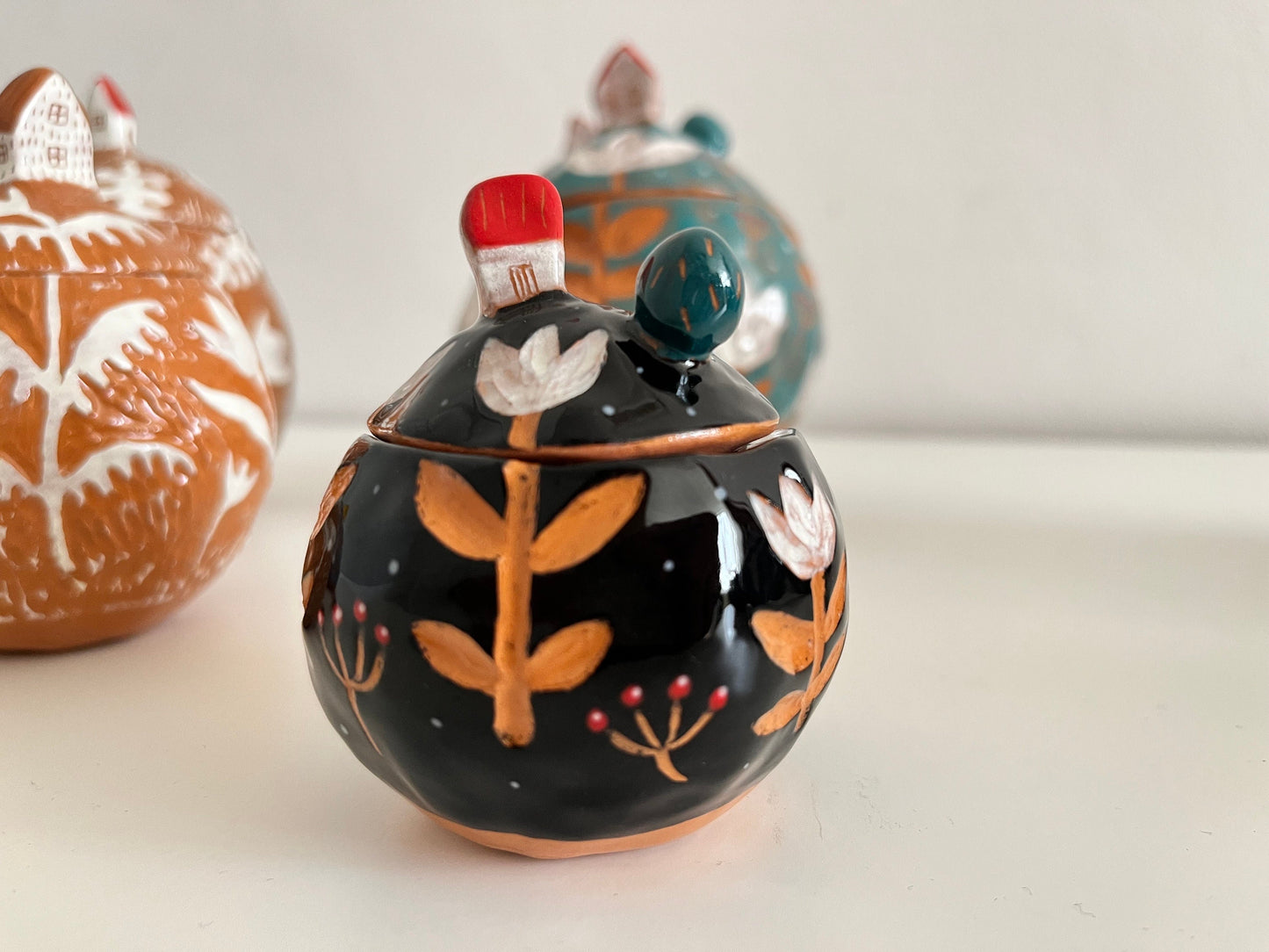Tiny Sgraffito Treasure Box With White Flowers; Jewelry Storage; Small Lidded Pottery Jar; Handpainted Ceramic Trinket Jar; Gift For Mother