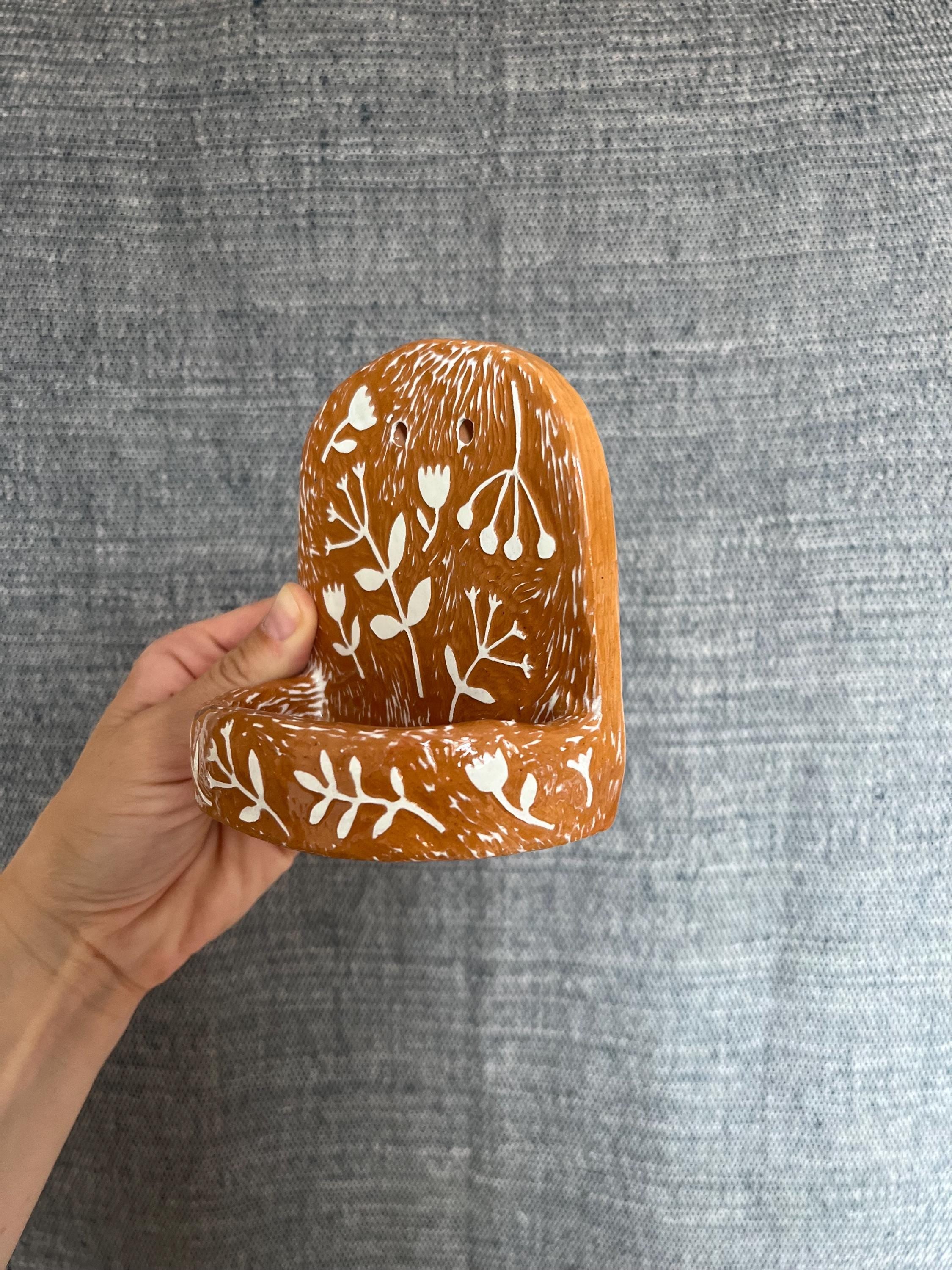 Ceramic Wall Shrine With White Florals / Handmade White Sgraffito
