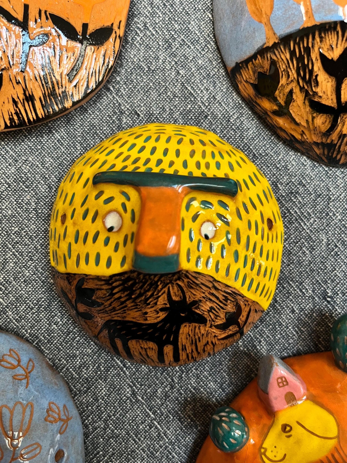 Colorful Yellow Ceramic Mask, Handpainted and Handmade Original Sgraffito Wall Art, Unique Living Room Art, Original Artisan Gift OOAK