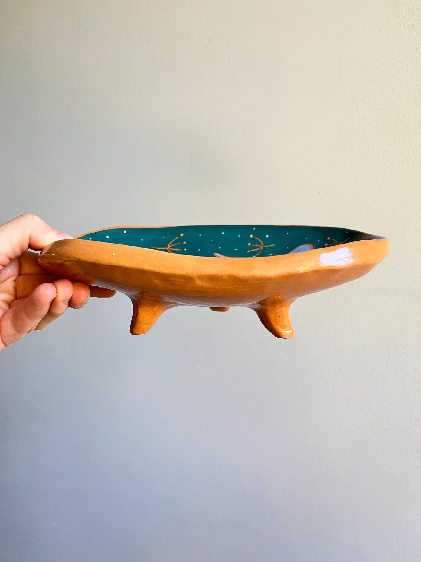 Footed Blue-Green Sgraffito Unicorn Pottery Plate / Terracotta Dish With Blue Unicorns / Unique Handbuilt Footed Ceramic Plate