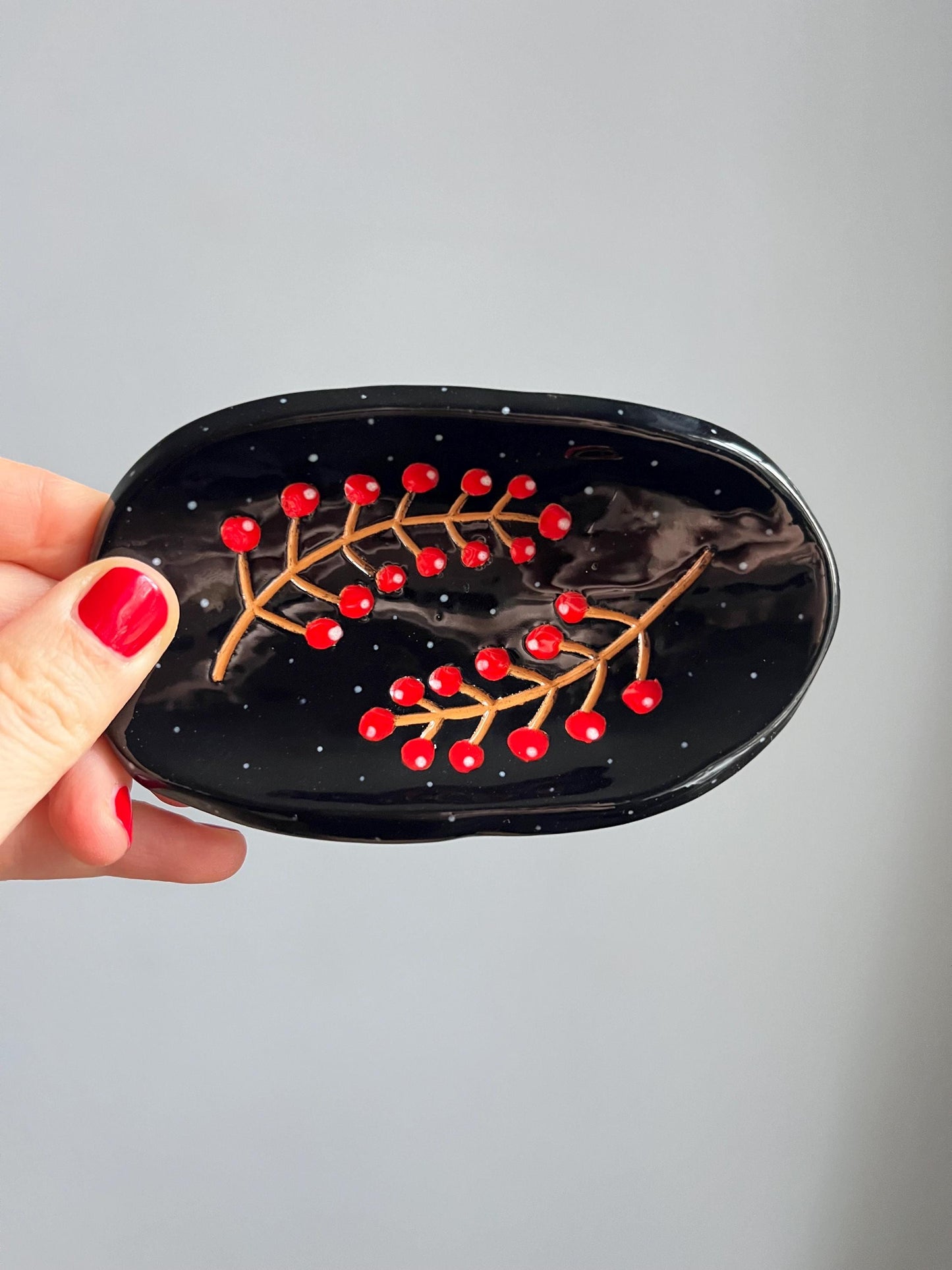 Black Sgraffito Plate With Red Berries