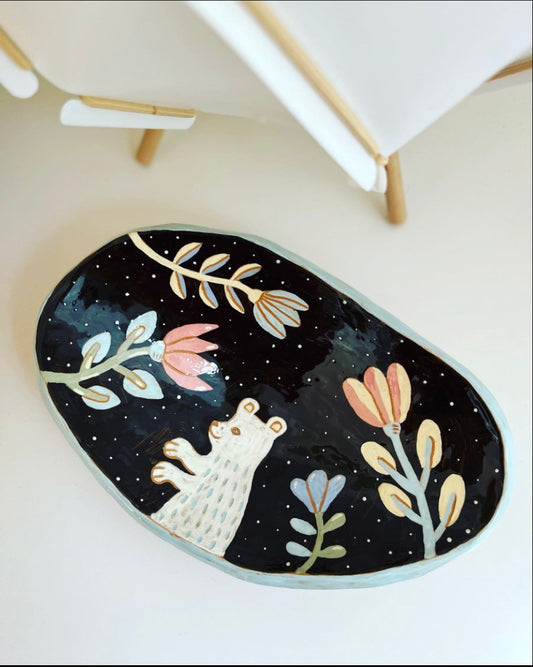 Handmade Terracota Plate With Bear / Sgraffito Footed Plate / Unique Illustrated Ceramics Footed Plate OOAK