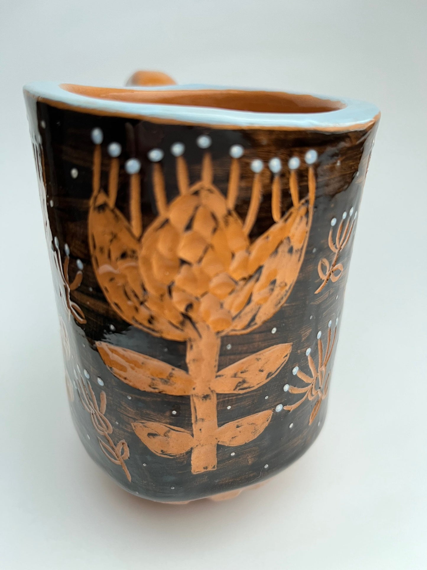 SECONDS SALE: Solid black handmade ceramic mug with sgraffito flowers / Black Terracotta mug / For Him Gift