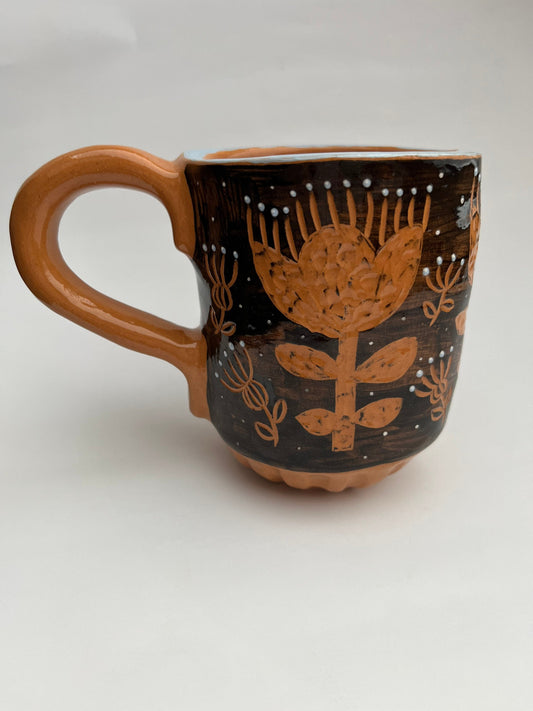 SECONDS SALE: Solid black handmade ceramic mug with sgraffito flowers / Black Terracotta mug / For Him Gift