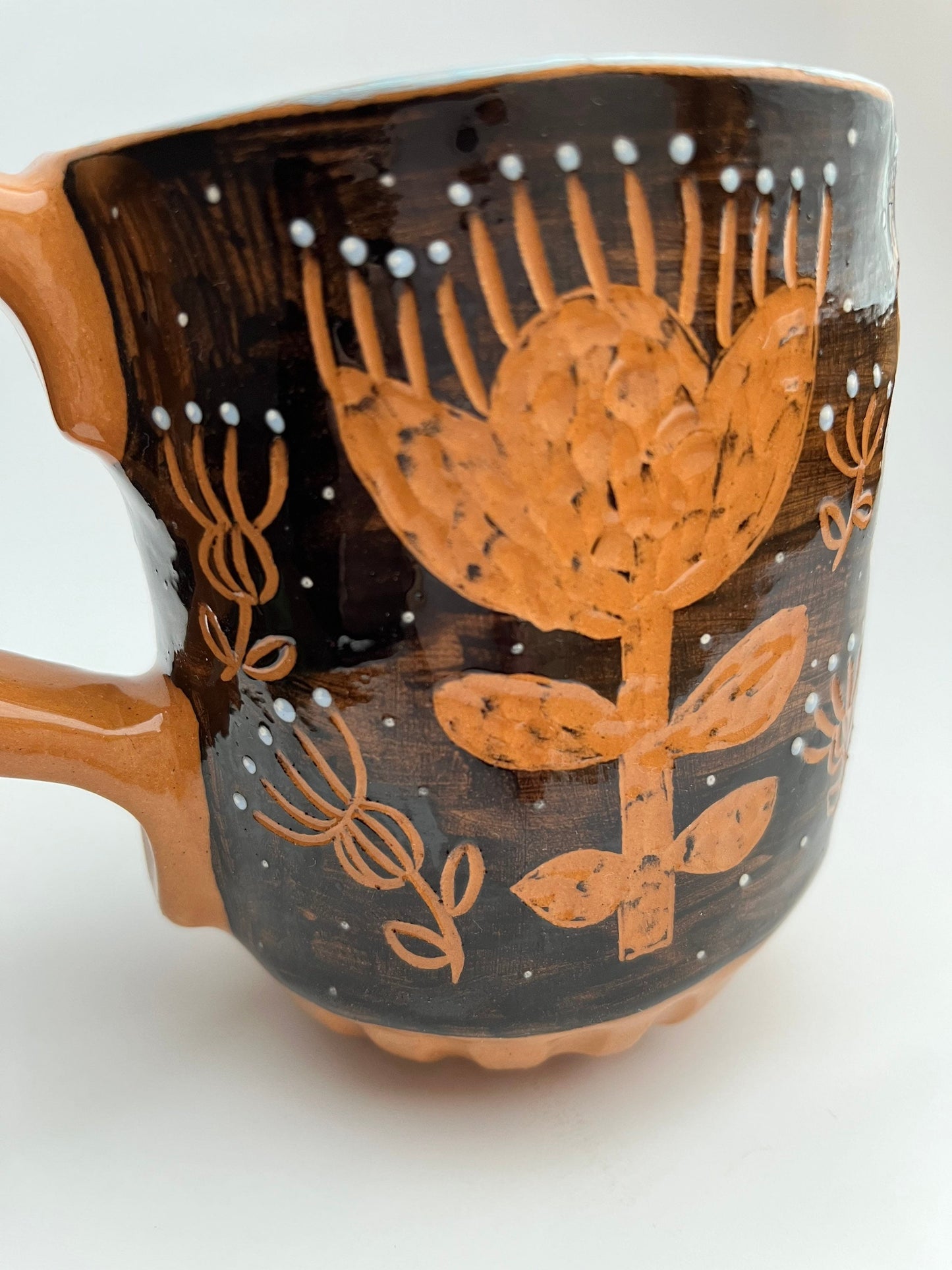 SECONDS SALE: Solid black handmade ceramic mug with sgraffito flowers / Black Terracotta mug / For Him Gift