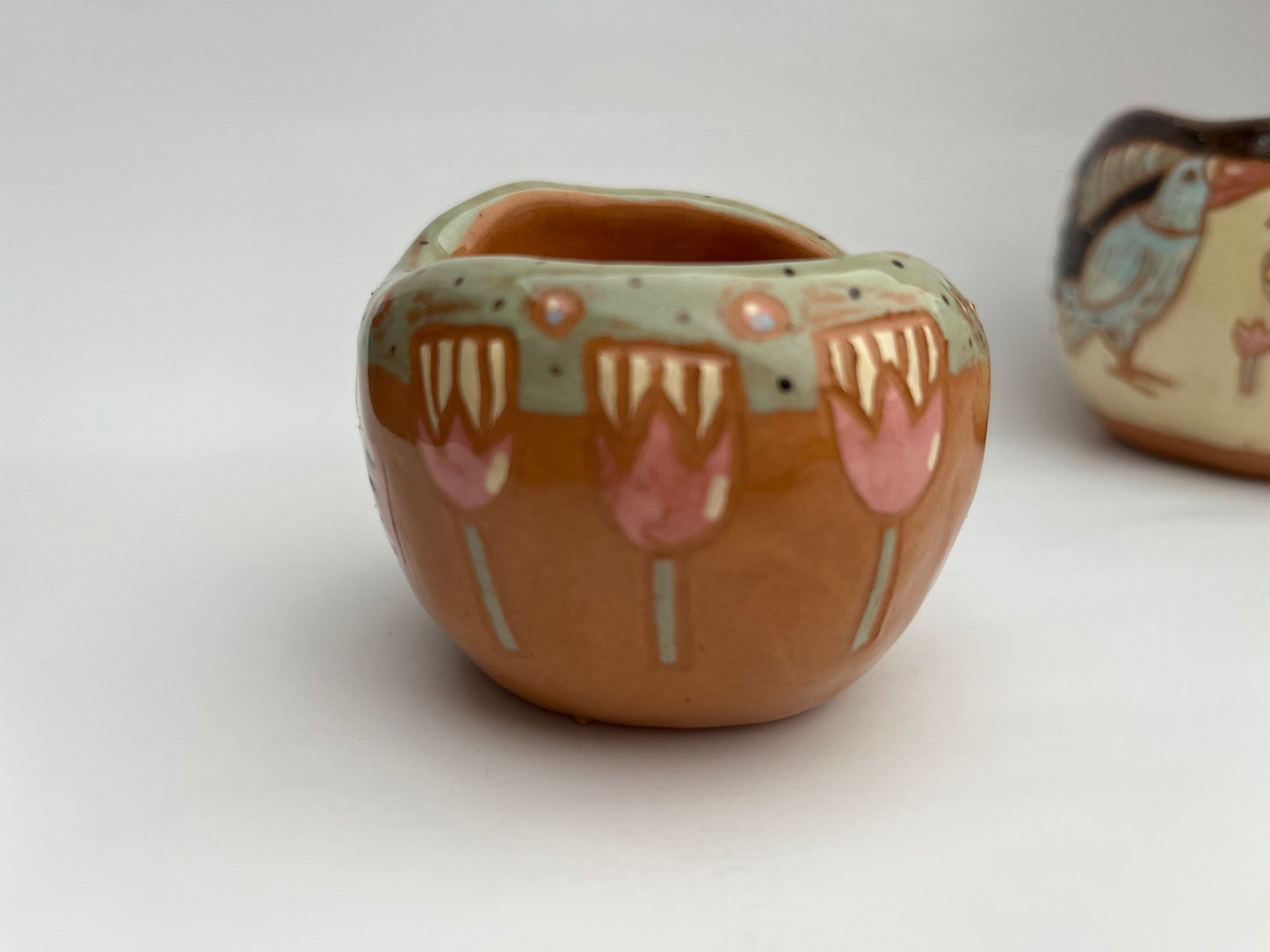 Small Handmade Colorful Ceramic Bowl With Face and Bird Design / Ceramic Salt Cellar / Unique Illustrated Handbuilt Ceramic Pinch Bowl OOAK