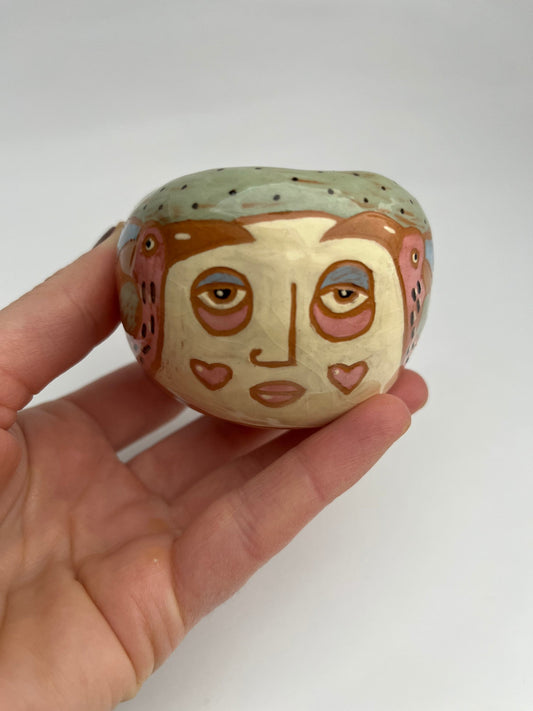 Small Handmade Colorful Ceramic Bowl With Face and Bird Design / Ceramic Salt Cellar / Unique Illustrated Handbuilt Ceramic Pinch Bowl OOAK
