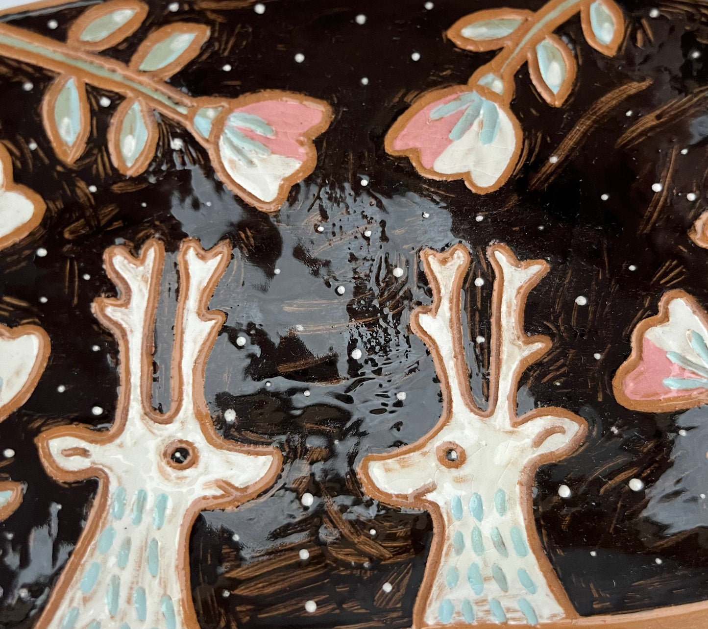 White Deer Black Ceramic Plate With Flowers / Sgraffito Footed Plate / Unique Illustrated Ceramic Footed Plate OOAK