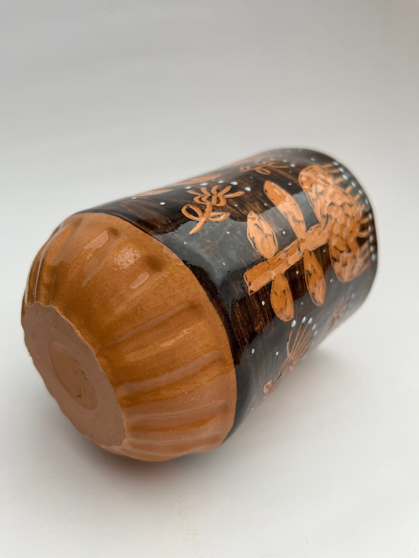 SECONDS SALE: Solid black handmade ceramic mug with sgraffito flowers / Black Terracotta mug / For Him Gift
