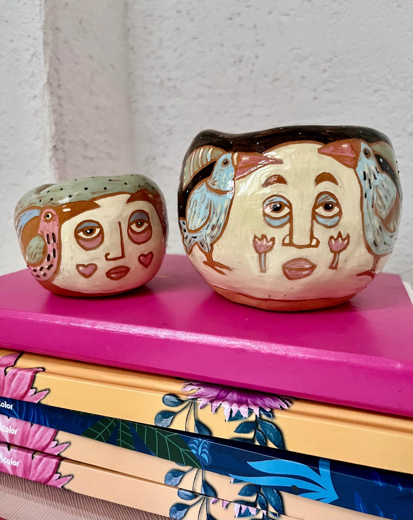 Mint Green Folkstyle Bowl With Face and Birds / Pinch Bowl With Sgraffito Portrait / Unique Illustrated Ceramic Pinch Bowl OOAK