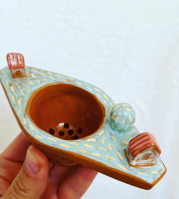 MADE TO ORDER Ceramic Tea Strainer With Tiny Houses / Whimsical Tea Strainer With Cute Tiny Houses / Handmade Ceramic Tea Strainer