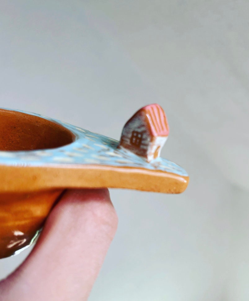 MADE TO ORDER Ceramic Tea Strainer With Tiny Houses / Whimsical Tea Strainer With Cute Tiny Houses / Handmade Ceramic Tea Strainer