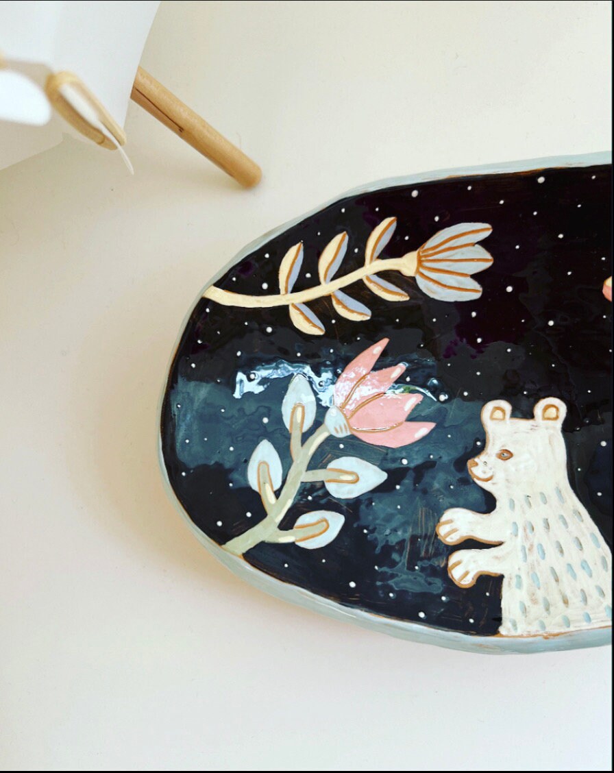 Handmade Rustic Terracotta White Bear Plate / Living Room Decoration Footed Hand-painted Plate / Cute Unique Gift For Mom / OOAK