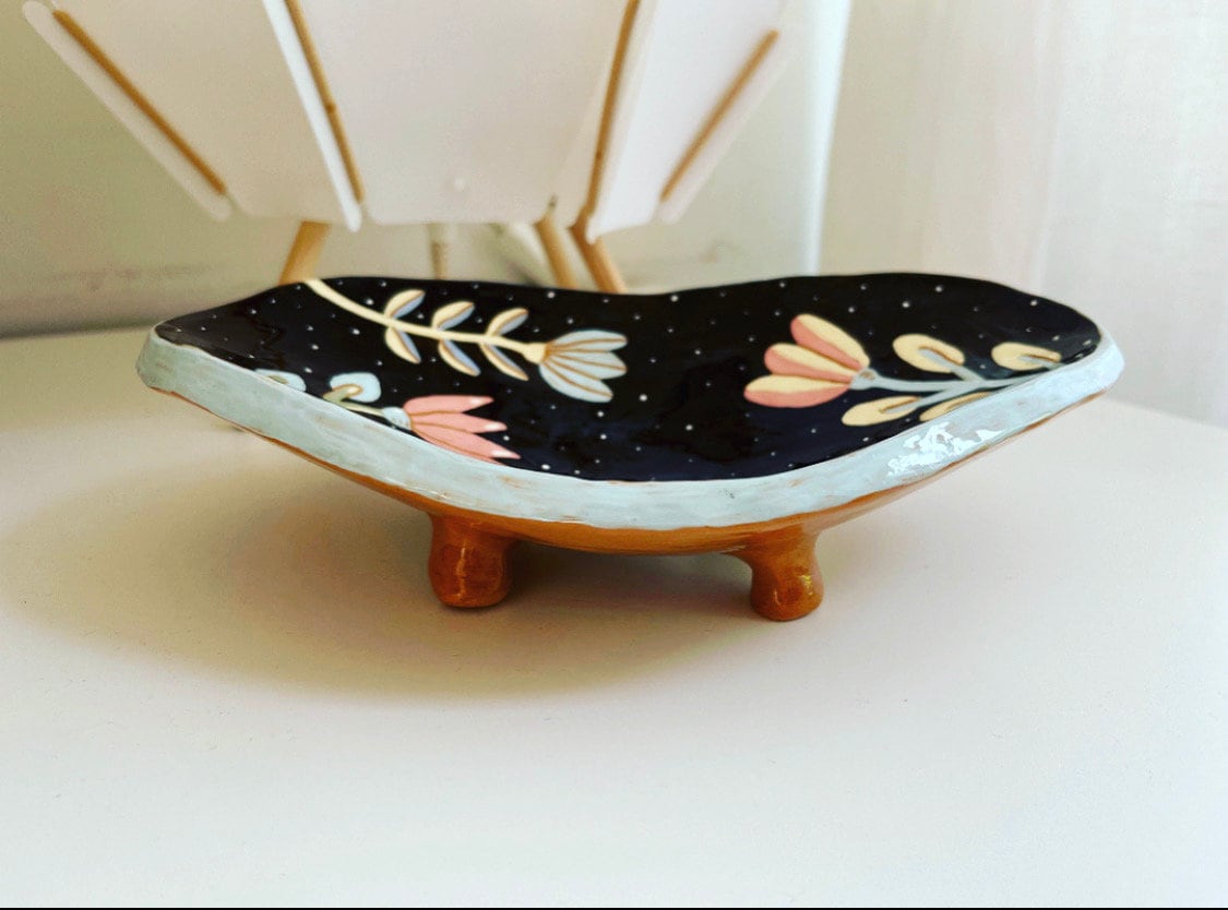 Handmade Rustic Terracotta White Bear Plate / Living Room Decoration Footed Hand-painted Plate / Cute Unique Gift For Mom / OOAK