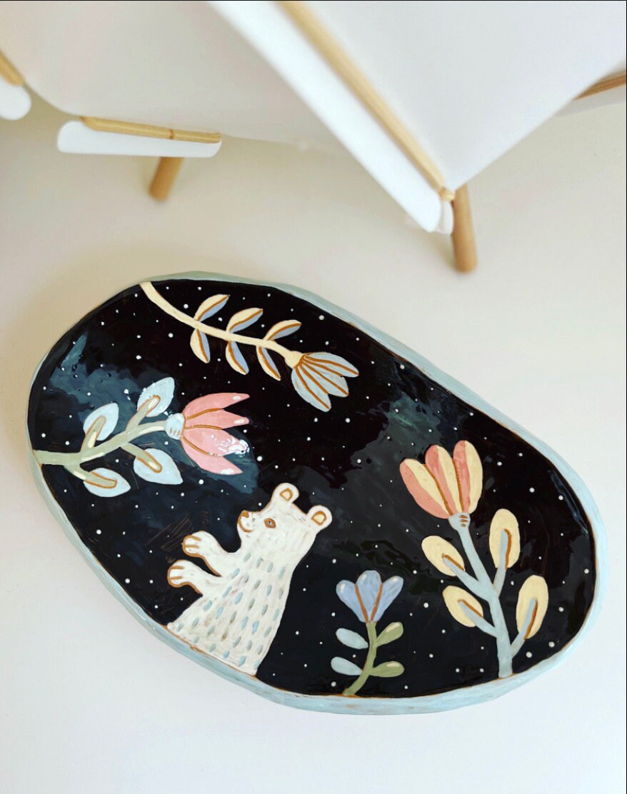 Handmade Rustic Terracotta White Bear Plate / Living Room Decoration Footed Hand-painted Plate / Cute Unique Gift For Mom / OOAK