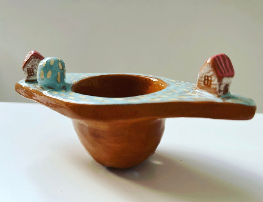 MADE TO ORDER Ceramic Tea Strainer With Tiny Houses / Whimsical Tea Strainer With Cute Tiny Houses / Handmade Ceramic Tea Strainer