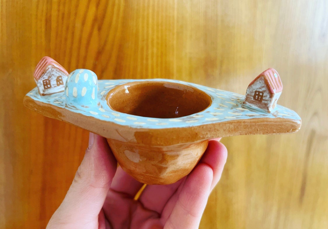 MADE TO ORDER Ceramic Tea Strainer With Tiny Houses / Whimsical Tea Strainer With Cute Tiny Houses / Handmade Ceramic Tea Strainer
