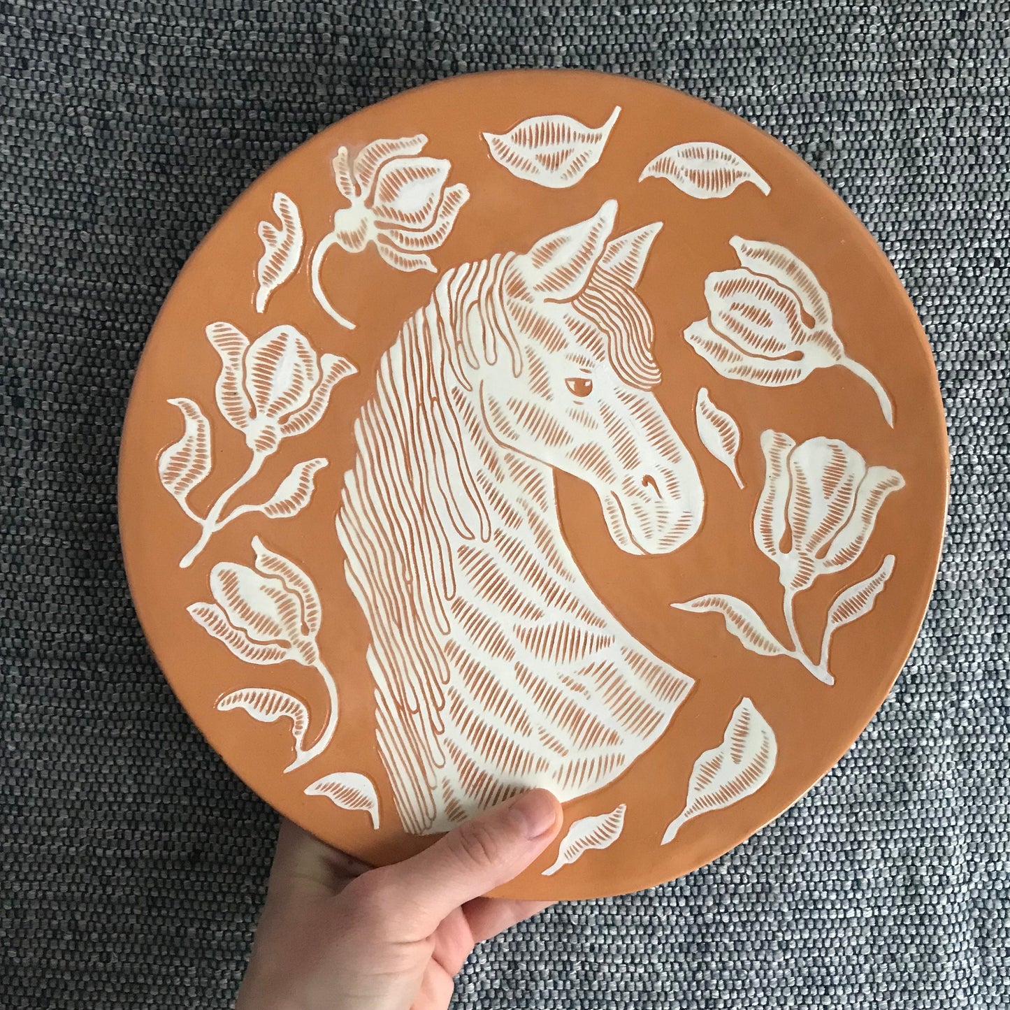 White Horse Terracotta Plate / Ceramic Handpainted Platter With Horse and Flowers / Handmade and Handpainted Serving Plate/ Horse lover gift