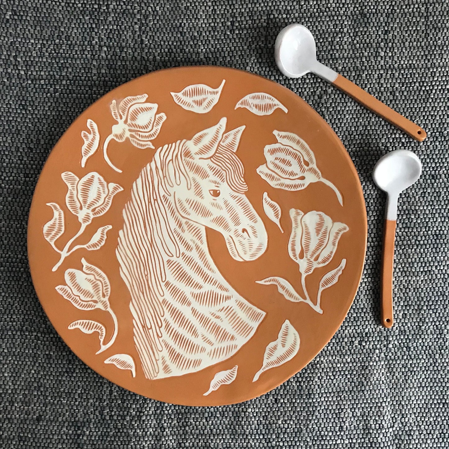 Sgraffito Pottery Plate With White Horse / Sgraffito Ceramic Platter / Terracotta Serving Dish / Gift for Horse Lover / Handmade Mother Gift