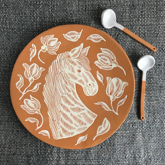 Sgraffito Pottery Plate With White Horse / Sgraffito Ceramic Platter / Terracotta Serving Dish / Gift for Horse Lover / Handmade Mother Gift