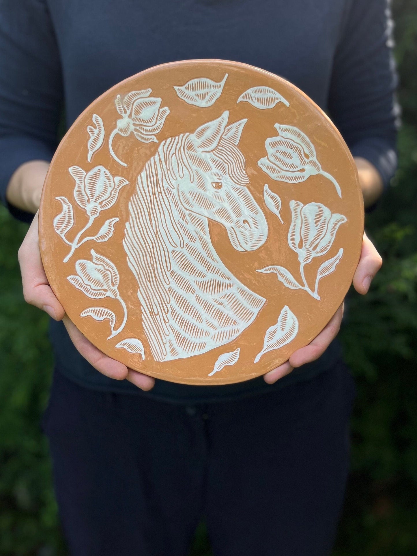 White Horse Terracotta Plate / Ceramic Handpainted Platter With Horse and Flowers / Handmade and Handpainted Serving Plate/ Horse lover gift
