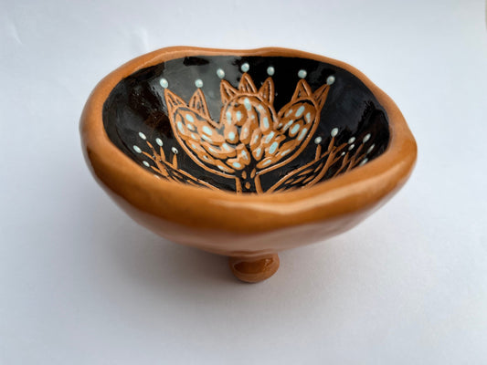 Footed Black Sgraffito Ceramic Salt Bowl /  Salt Cellar With Carved Flower / Handmade Sgraffito Ceramic Nature Lover Gift