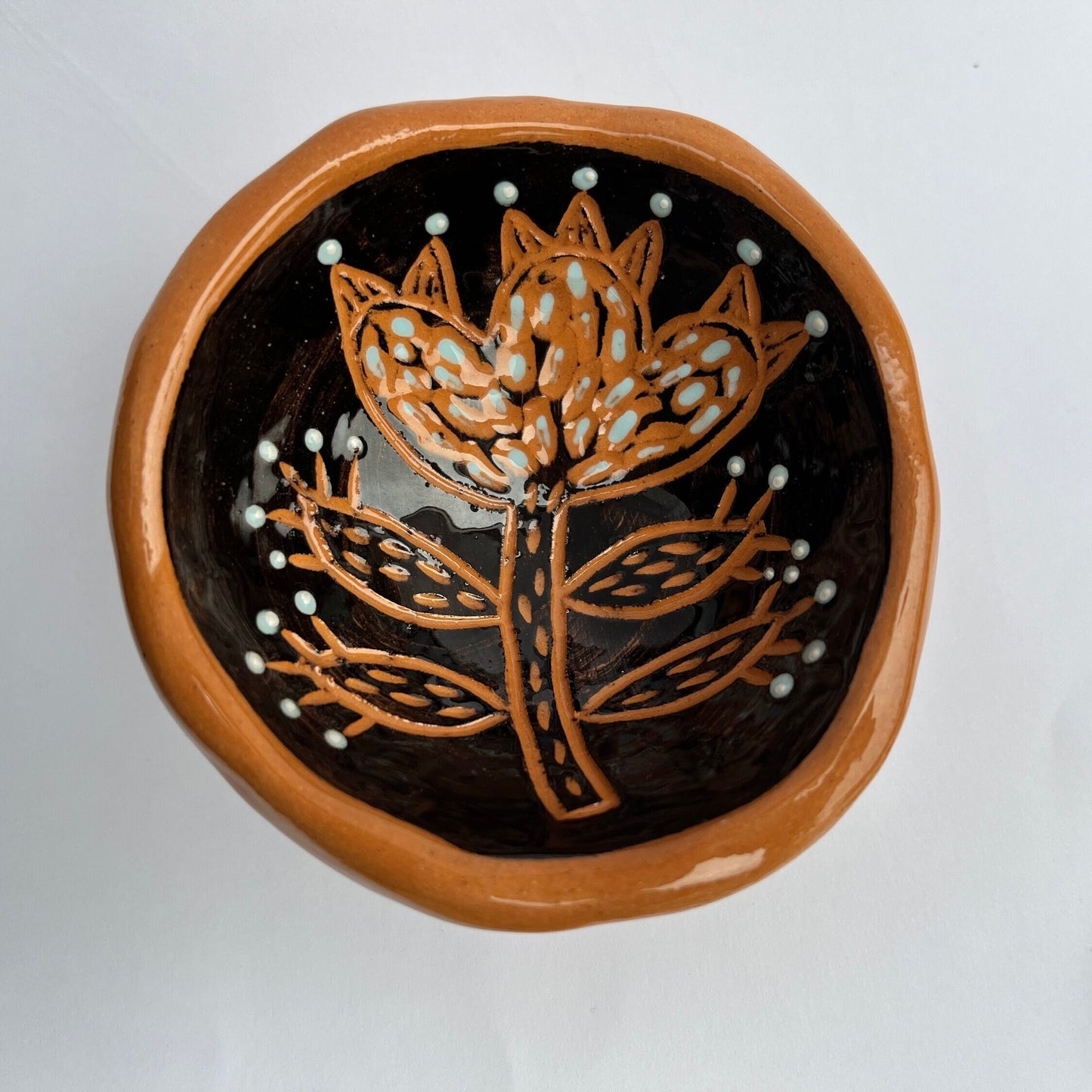 Footed Black Sgraffito Ceramic Salt Bowl /  Salt Cellar With Carved Flower / Handmade Sgraffito Ceramic Nature Lover Gift