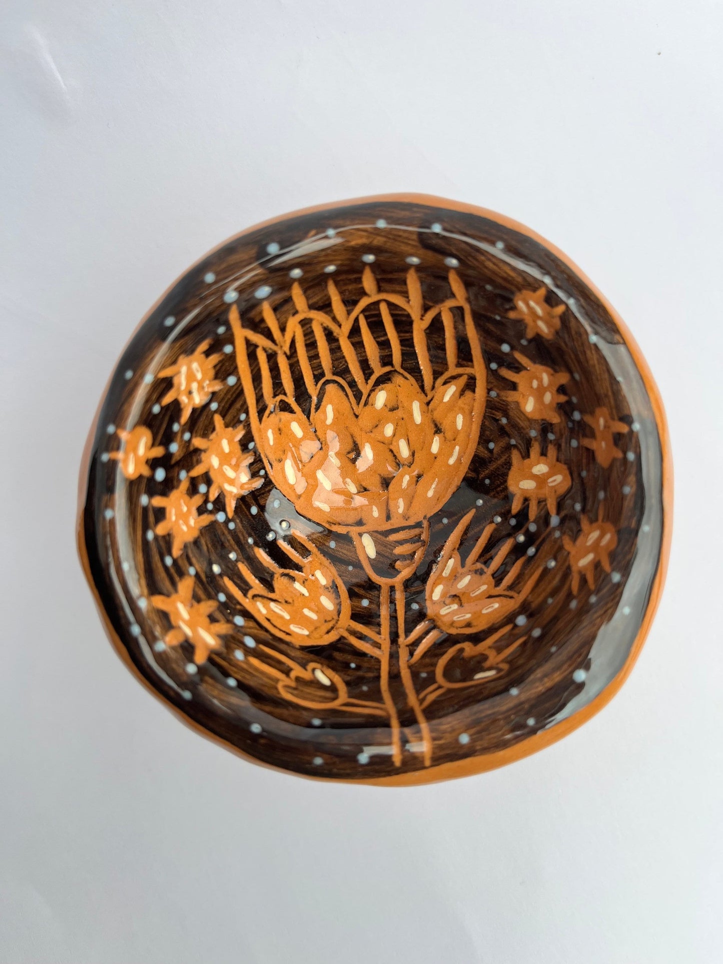 Sgraffito Ceramic Black Footed Salt Bowl /  Salt Cellar With Hand-Carved Flower / Handmade Sgraffito Ceramic Nature Lover Gift