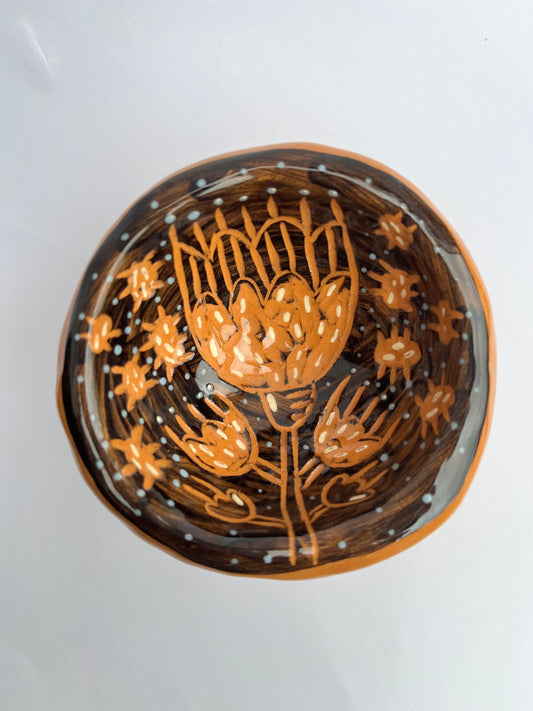 Sgraffito Ceramic Black Footed Salt Bowl /  Salt Cellar With Hand-Carved Flower / Handmade Sgraffito Ceramic Nature Lover Gift
