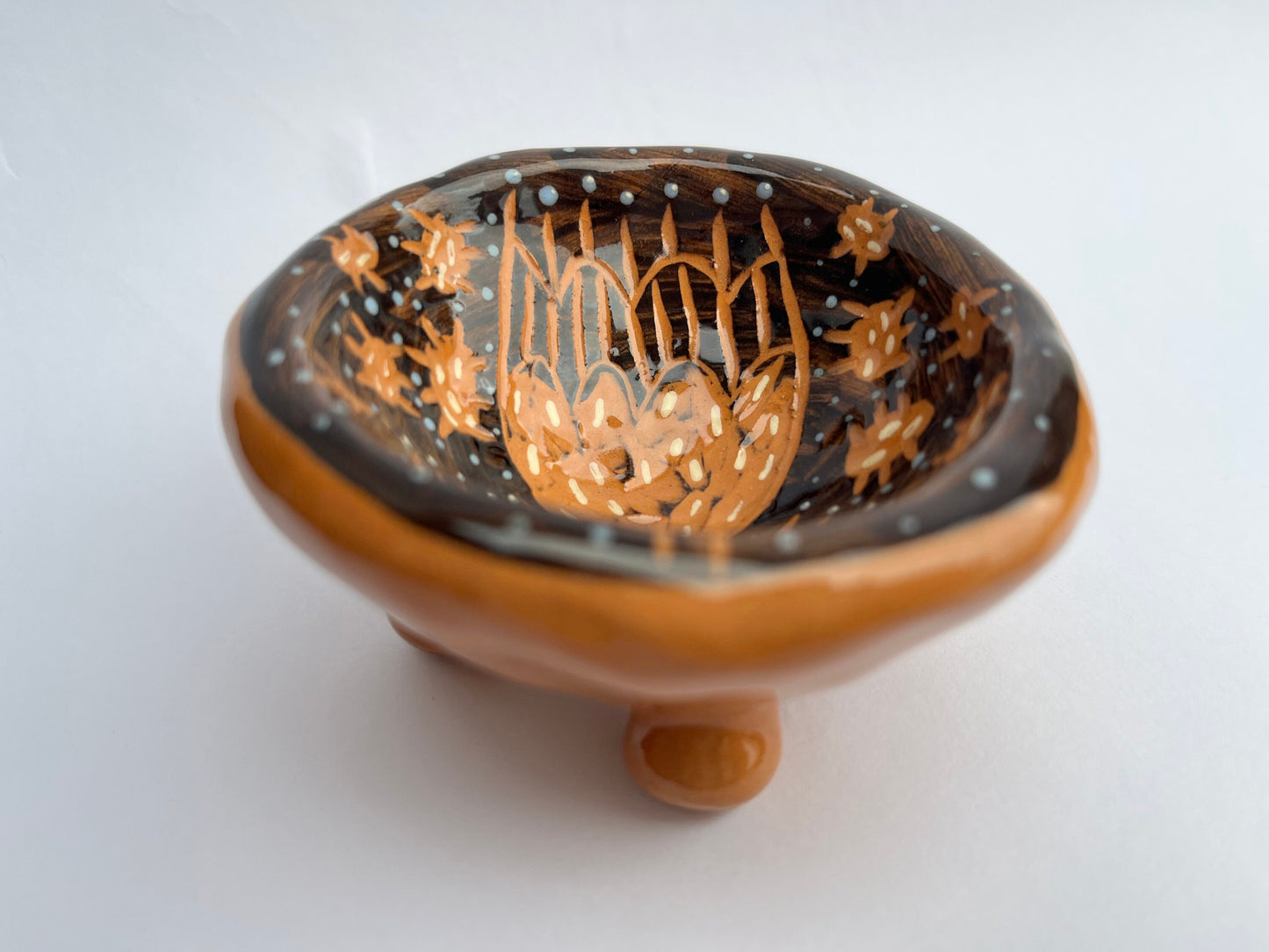 Sgraffito Ceramic Black Footed Salt Bowl /  Salt Cellar With Hand-Carved Flower / Handmade Sgraffito Ceramic Nature Lover Gift