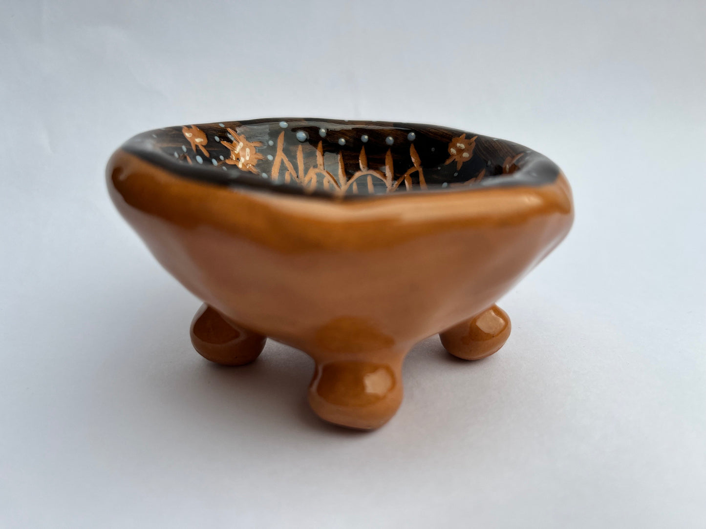 Sgraffito Ceramic Black Footed Salt Bowl /  Salt Cellar With Hand-Carved Flower / Handmade Sgraffito Ceramic Nature Lover Gift