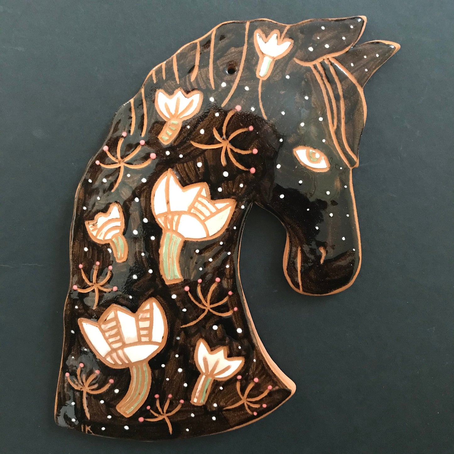 Fairytale Black Horse Wall Art, Handpainted  Dream Horse Wall Decor, Sgraffito Horse, Unique Living Room Art, Original Artisan Gift