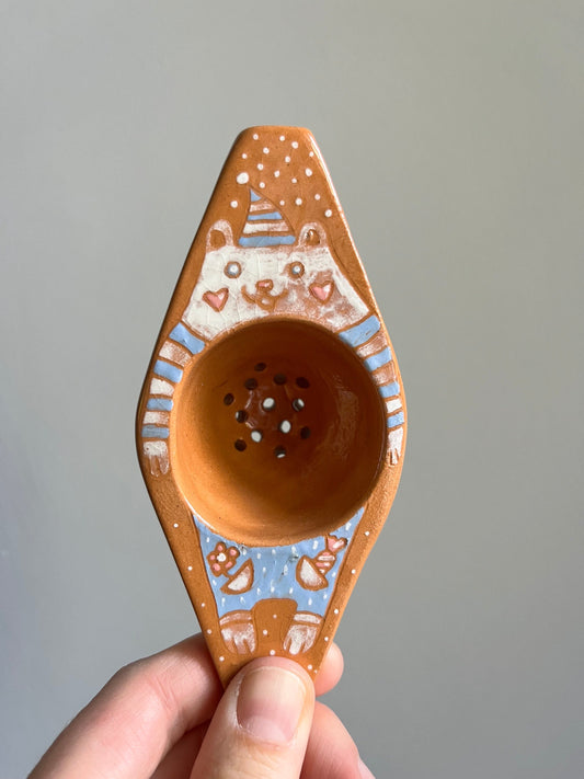 Whimsical Handpainted Ceramic Tea Drainer With White Bear / Unique Tea Accessory With Cute Bear Image / Handmade Gift For Tea Lover