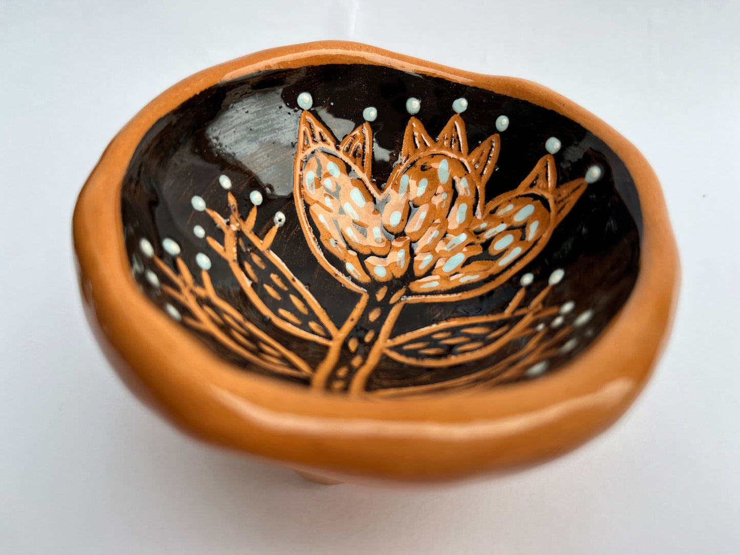Footed Black Sgraffito Ceramic Salt Bowl /  Salt Cellar With Carved Flower / Handmade Sgraffito Ceramic Nature Lover Gift