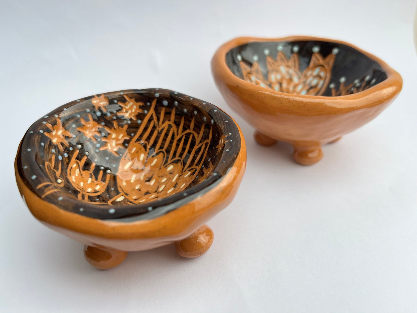 Sgraffito Ceramic Black Footed Salt Bowl /  Salt Cellar With Hand-Carved Flower / Handmade Sgraffito Ceramic Nature Lover Gift