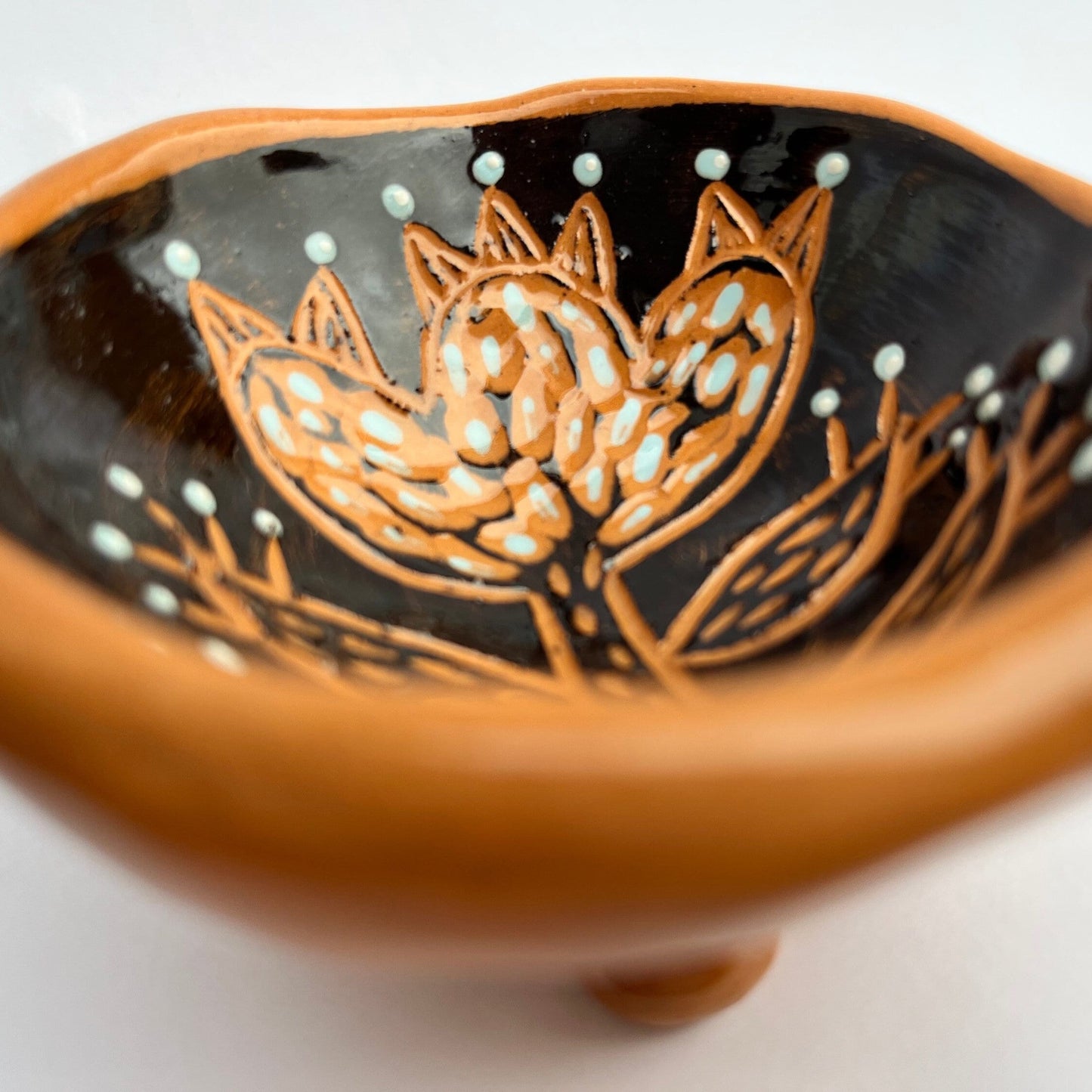 Footed Black Sgraffito Ceramic Salt Bowl /  Salt Cellar With Carved Flower / Handmade Sgraffito Ceramic Nature Lover Gift