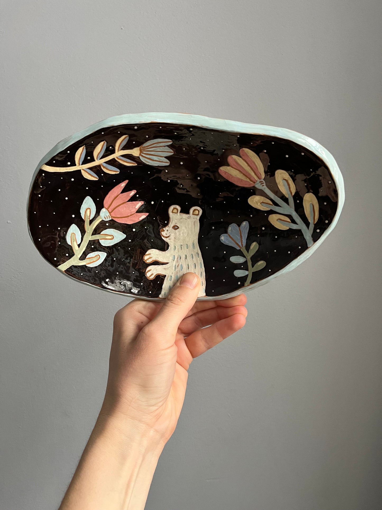 Footed Cheese Plate With Florals and Bear Sgraffito / Illustrated Ceramics Black Footed Plate With White Bear / Artisan Ceramic Wedding Gift