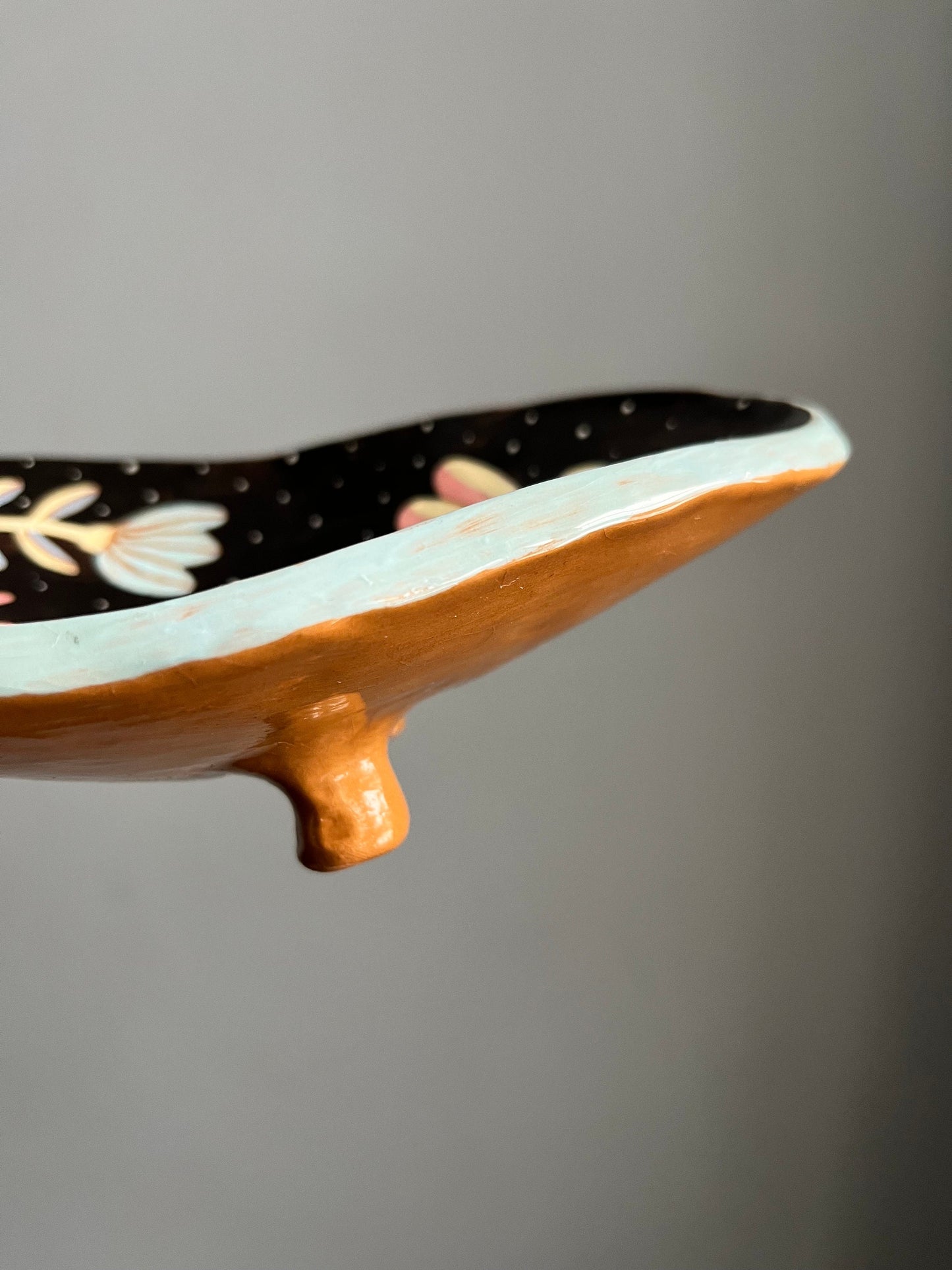 Footed Cheese Plate With Florals and Bear Sgraffito / Illustrated Ceramics Black Footed Plate With White Bear / Artisan Ceramic Wedding Gift