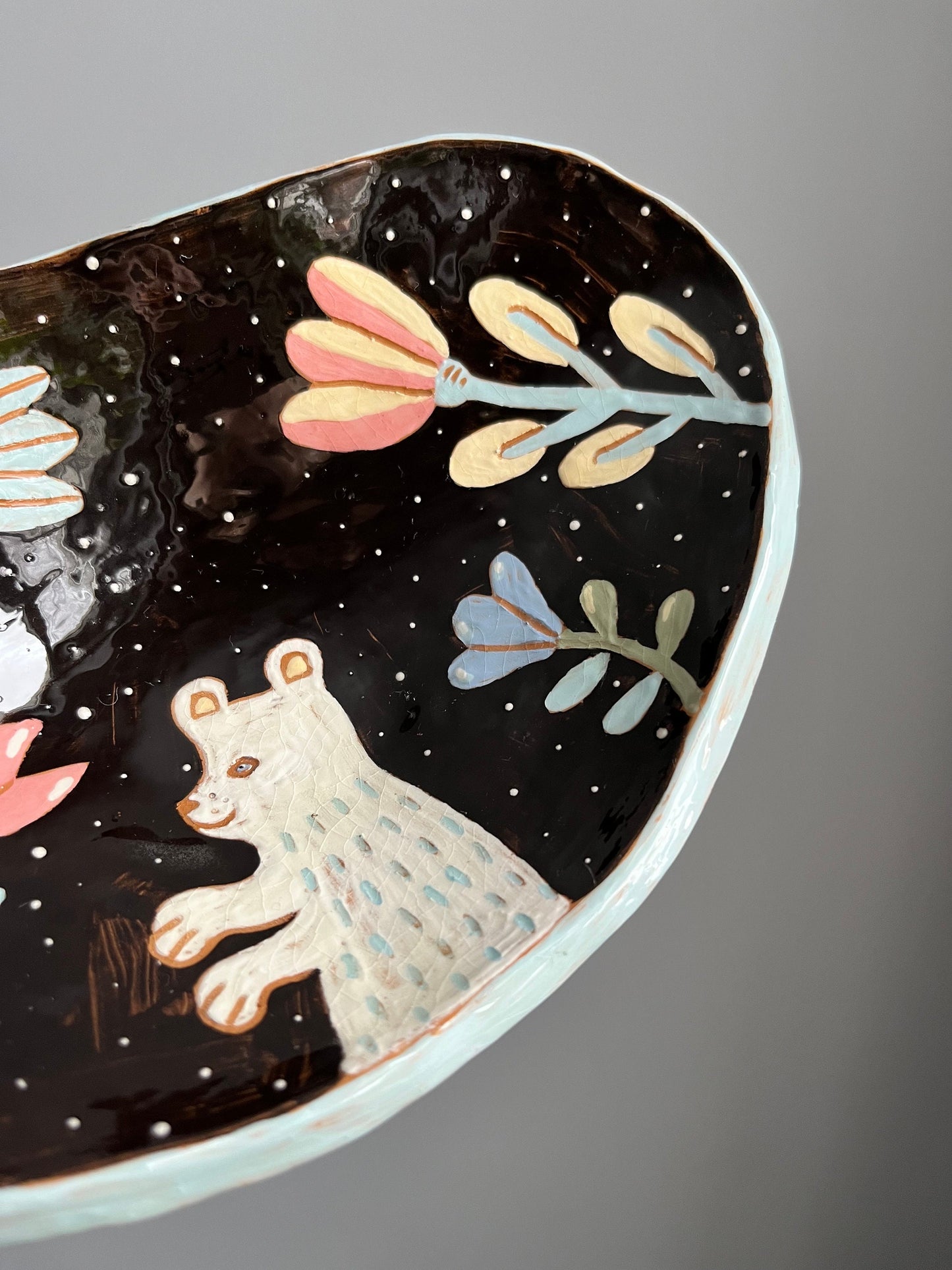 Footed Cheese Plate With Florals and Bear Sgraffito / Illustrated Ceramics Black Footed Plate With White Bear / Artisan Ceramic Wedding Gift