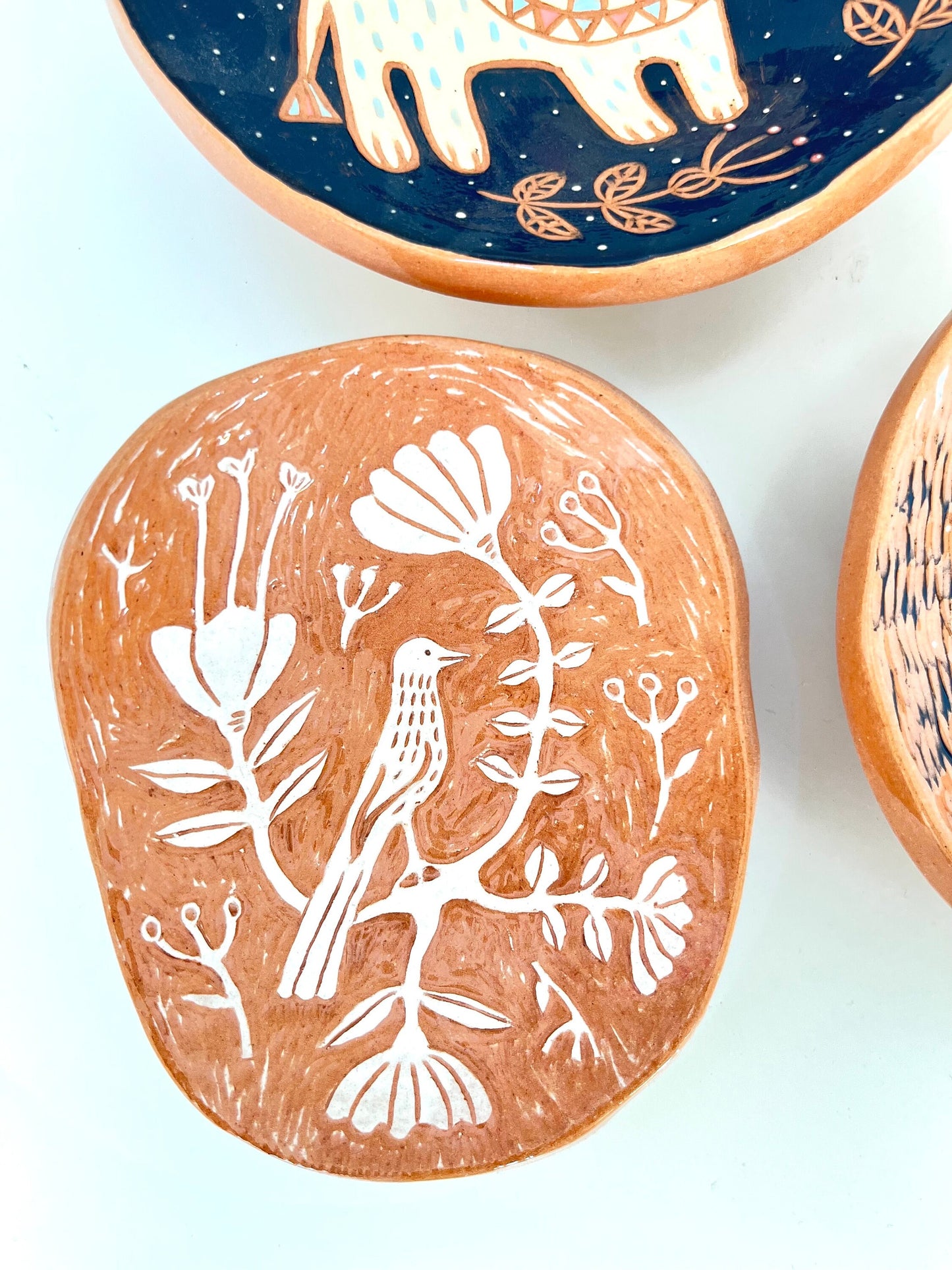Terracotta Plate With Flowers / Sgraffito Platter With Folkstyle Florals / Folk-Style Small Serving Plate/ Unique Handmade OOAK Footed Plate