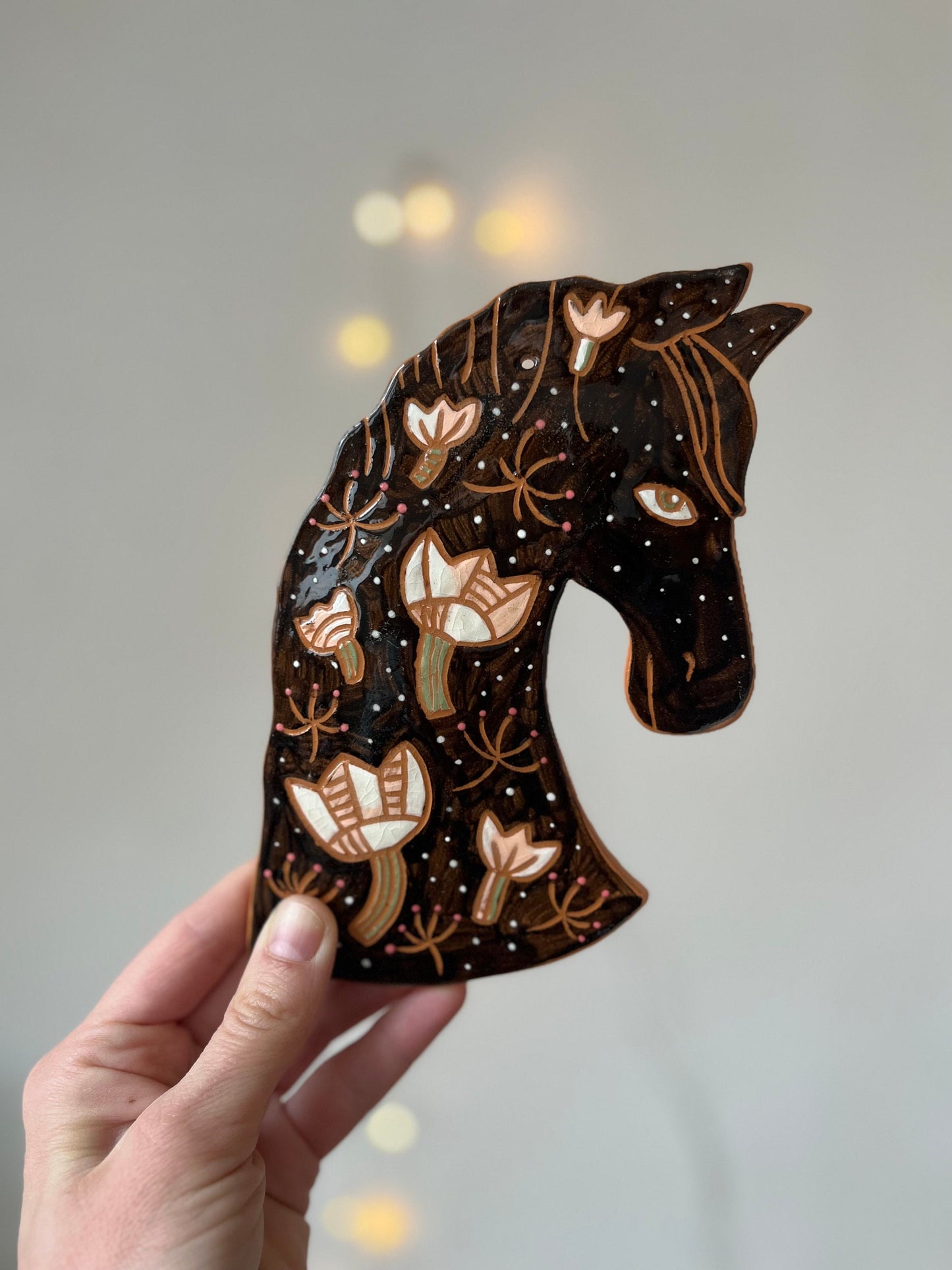 Fairytale Black Horse Wall Art, Handpainted  Dream Horse Wall Decor, Sgraffito Horse, Unique Living Room Art, Original Artisan Gift