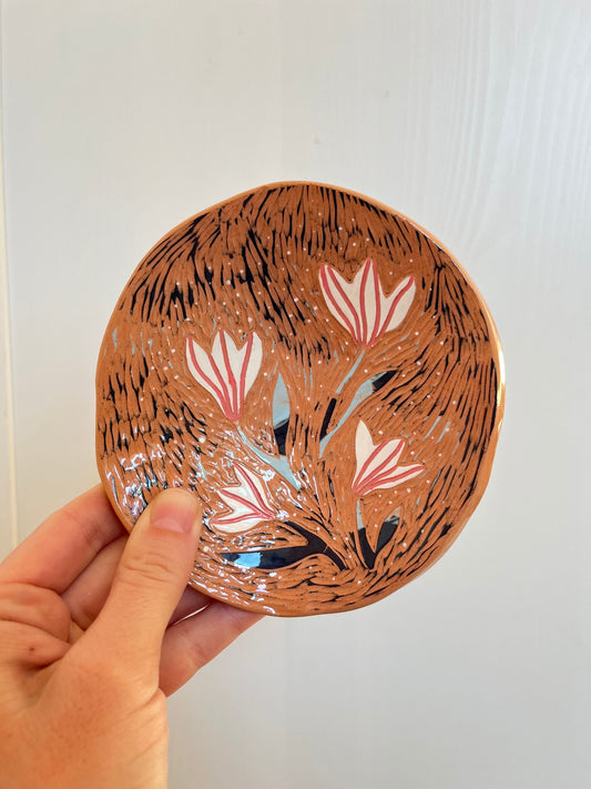 Terracotta Plate With Flowers / Sgraffito Platter With Folkstyle Florals / Folk-Style Small Serving Plate/ Unique Handmade OOAK Footed Plate